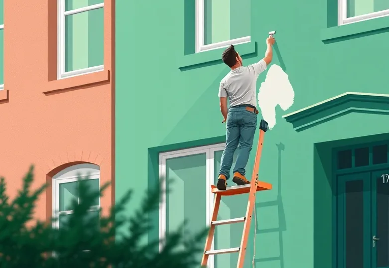 Peintre sur échafaudage traitant la façade d'une maison