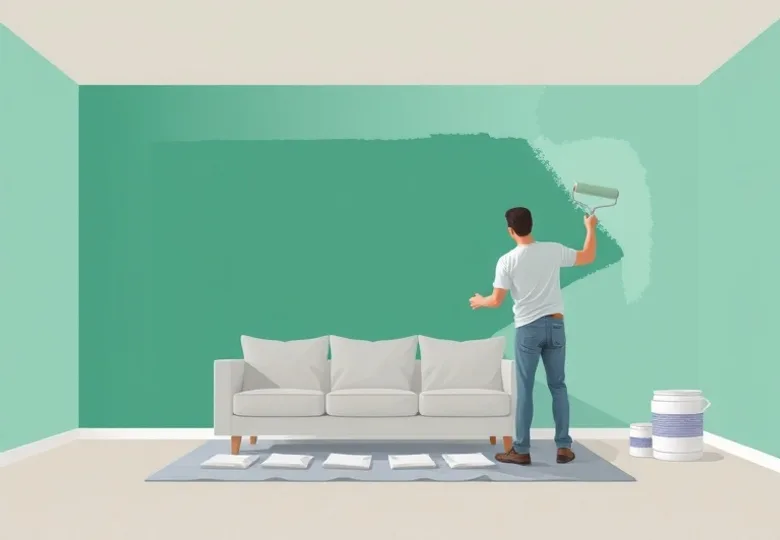 Peintre appliquant la peinture au rouleau sur un mur de salon